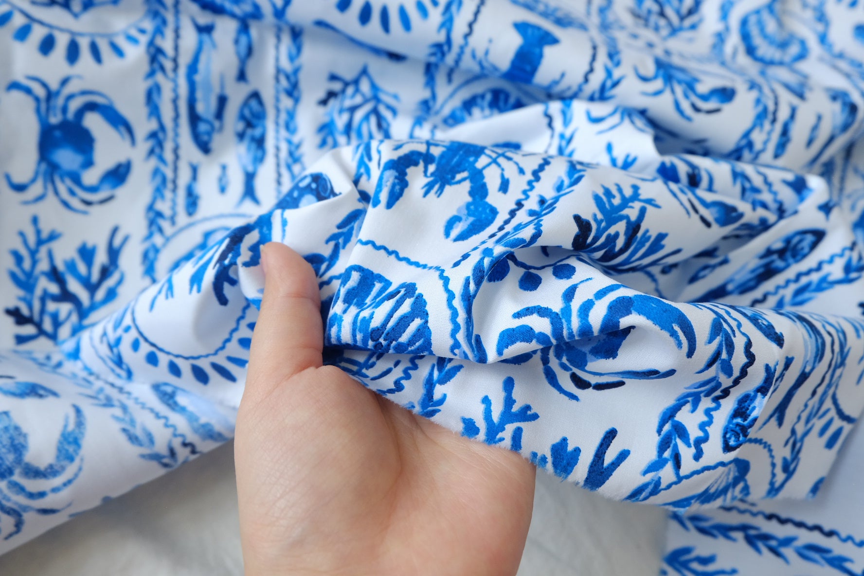 Blue Coastal Print Cotton Poplin Fabric, 3.28 Yards