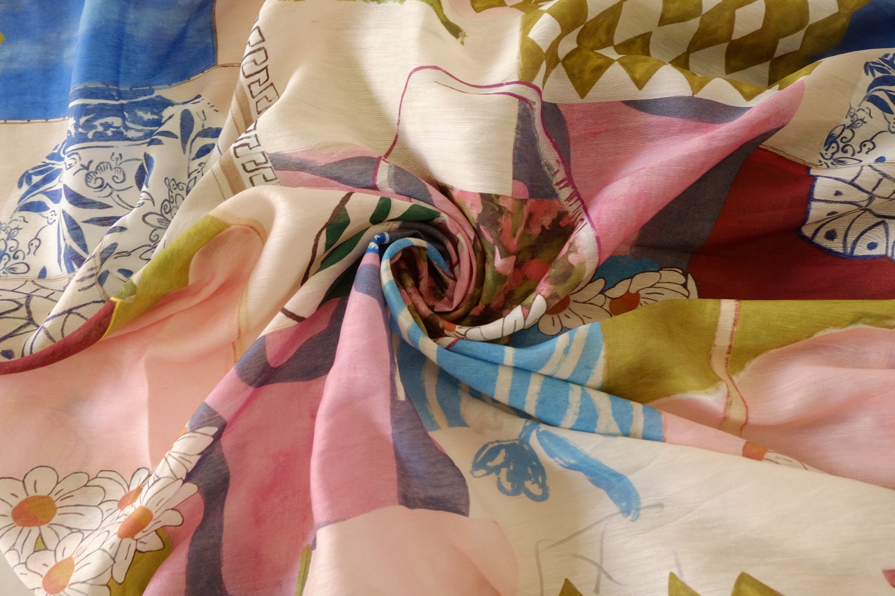 Artist’s Table Collage Print Tencel Linen Fabric – 2.19 yd Piece