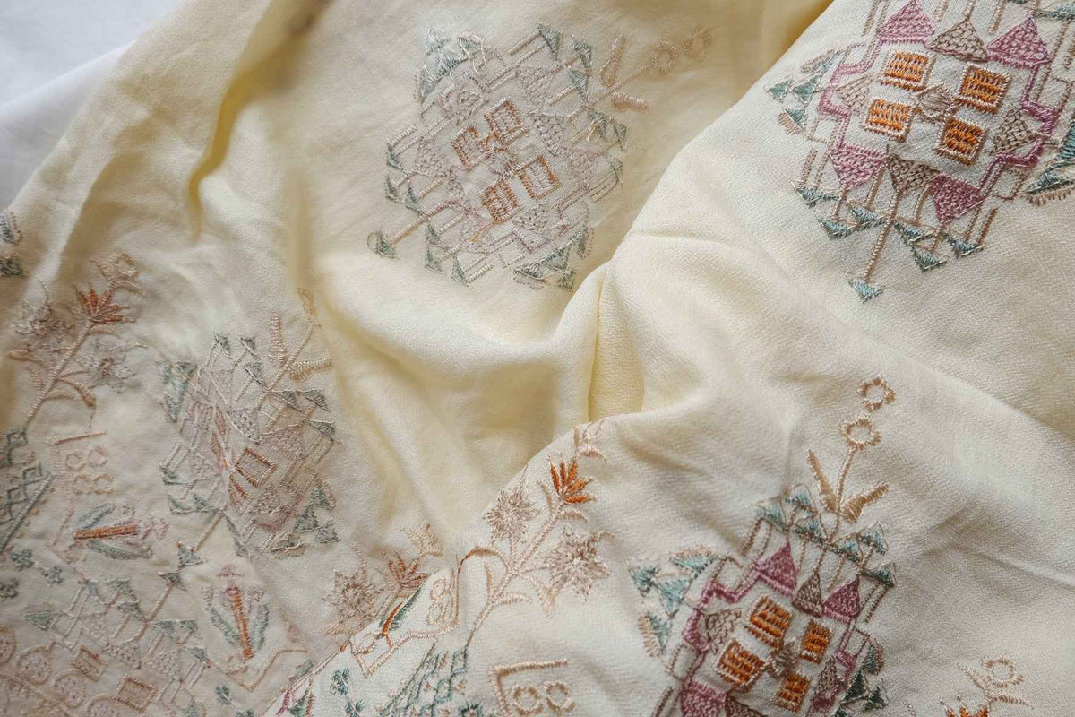Ivory Heavy Border Embroidered Tencel Nylon — 2.5 yd