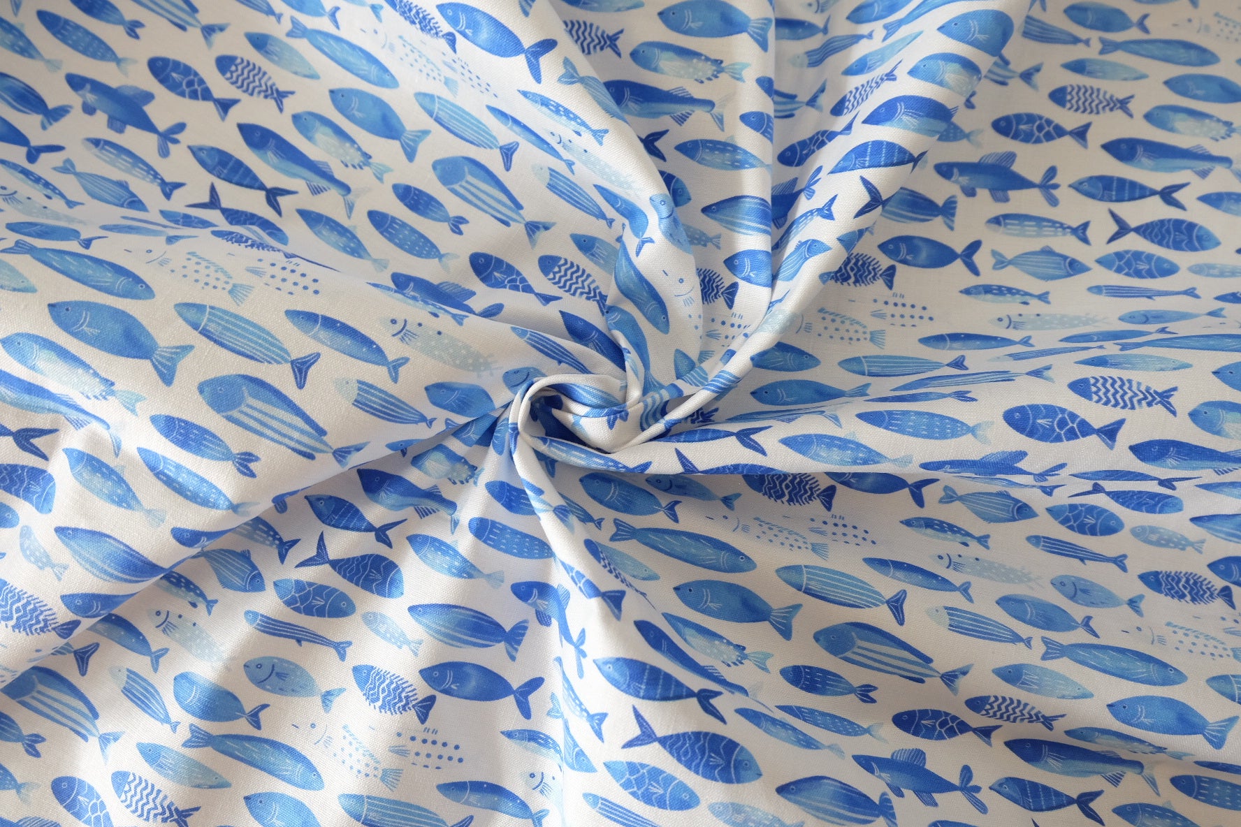 Blue Fish Stretch Linen Cotton Fabric - 2.2 yd