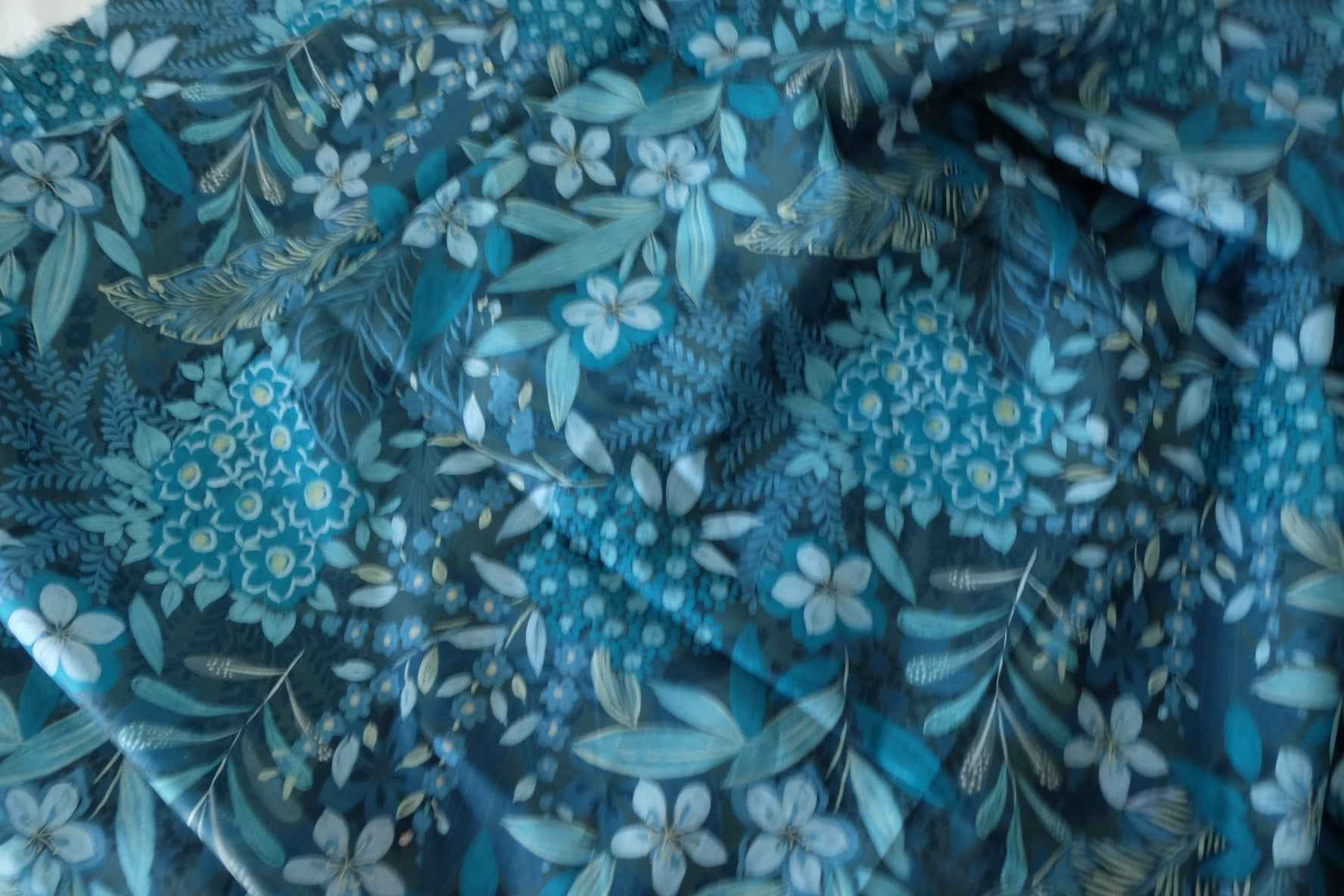 Midnight Blue Botanical Garden Cotton Voile Fabric – Deep Floral Nature Print – 2.2 yd