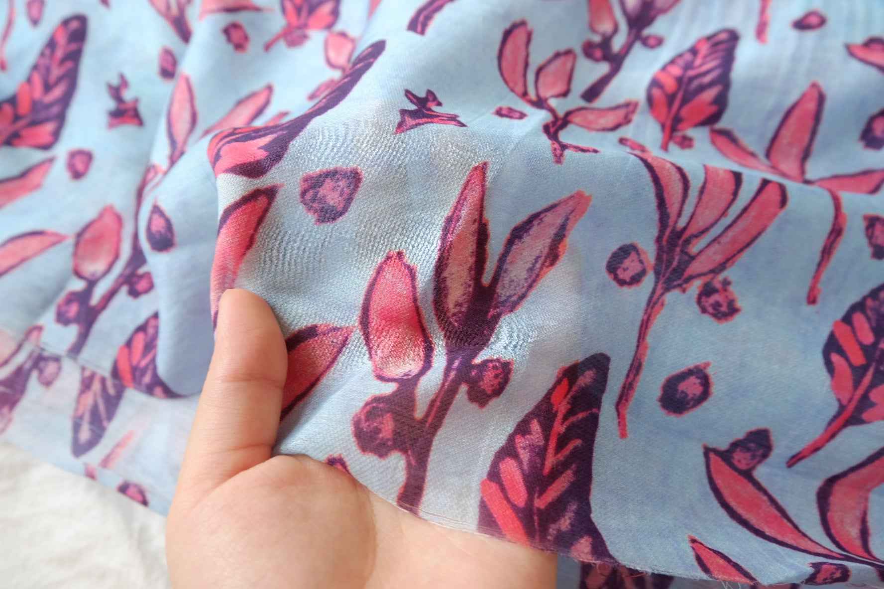 Blue Pink Leaf Tencel-Cotton Fabric - 1.97 yd