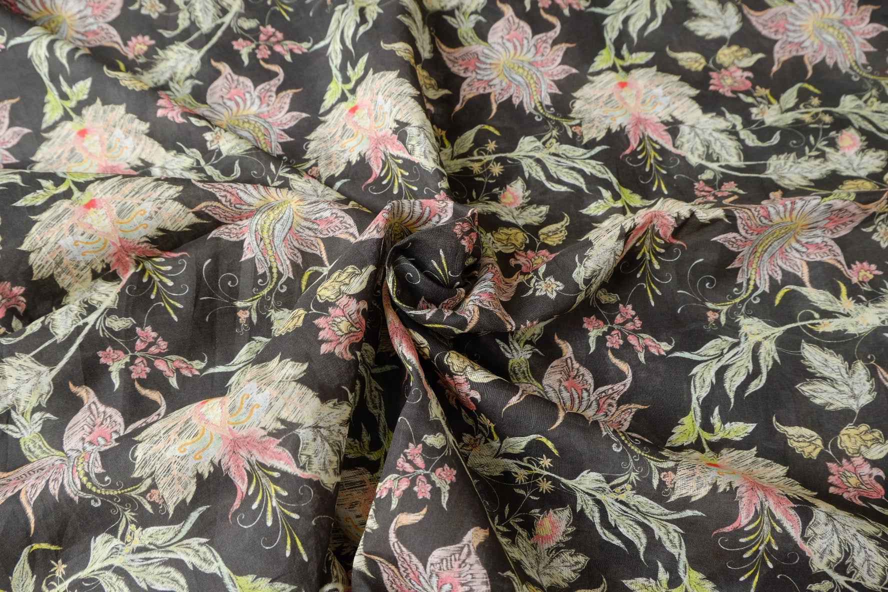 Inky Romantic Floral Cotton Poplin Fabric, Lightweight 80s Cotton, 3.28 Yards