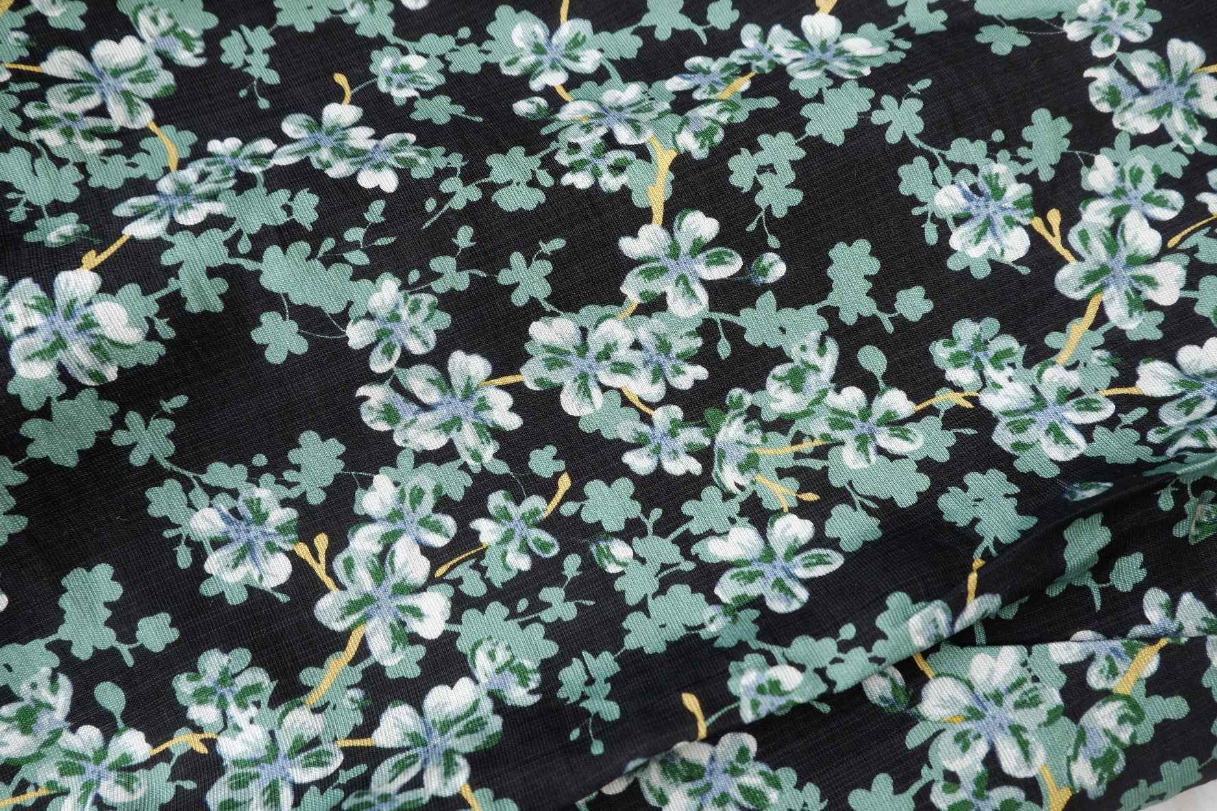 Heavy Tencel Linen Floral Fabric, Black with Green Ditsy Print, 1.64 Yards