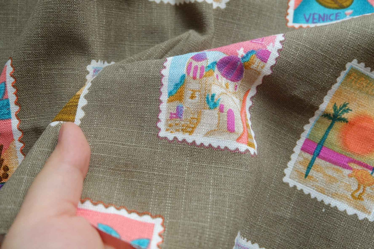 Travel Stamp Print Lyocell Linen — 2.2 yd