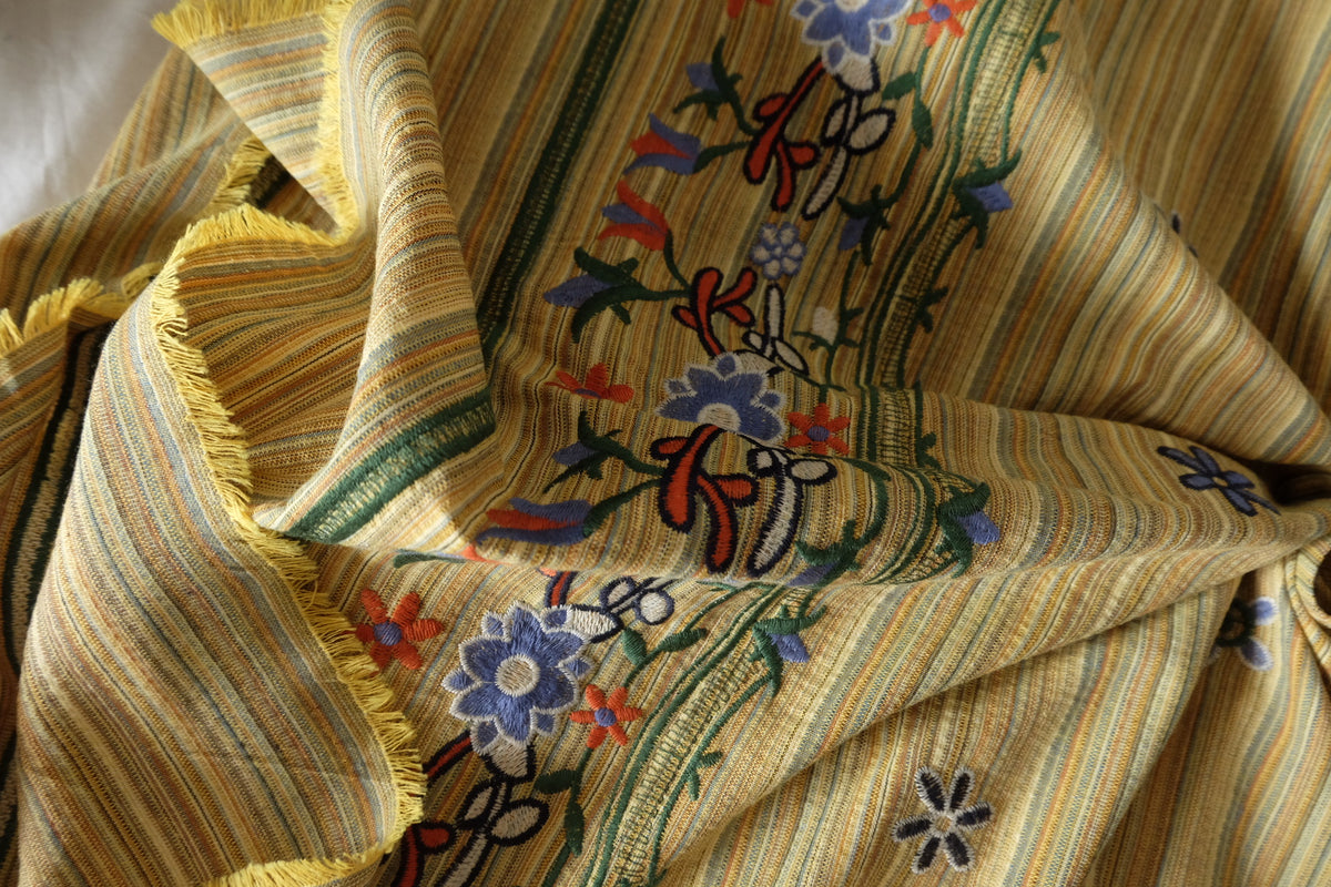 Double Border Floral Embroidered Yarn-Dyed Linen Cotton Fabric – 1.6 yd