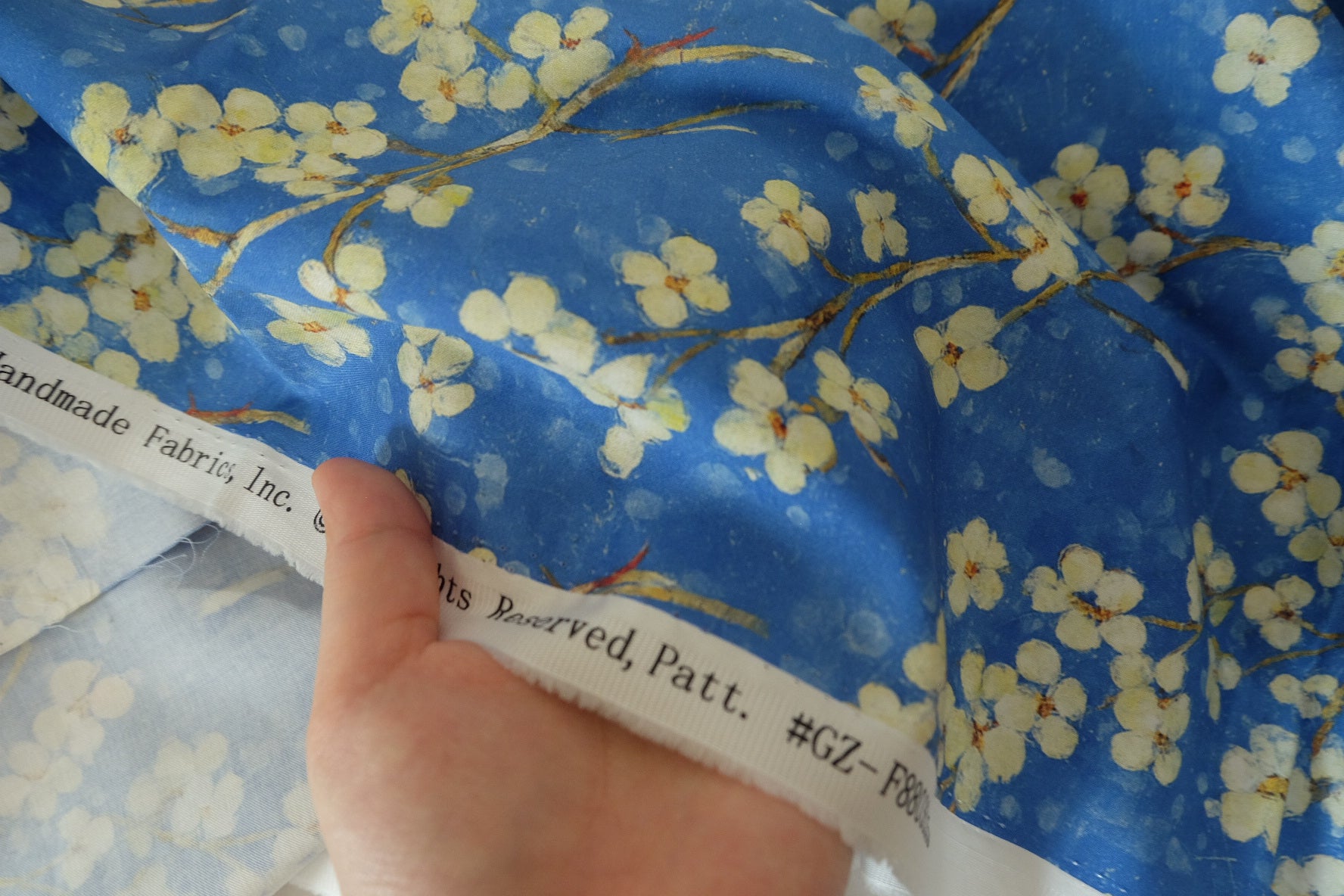 Indigo Blossom Cotton Sateen Fabric – Oriental Floral Branch Print – 2.2 yd