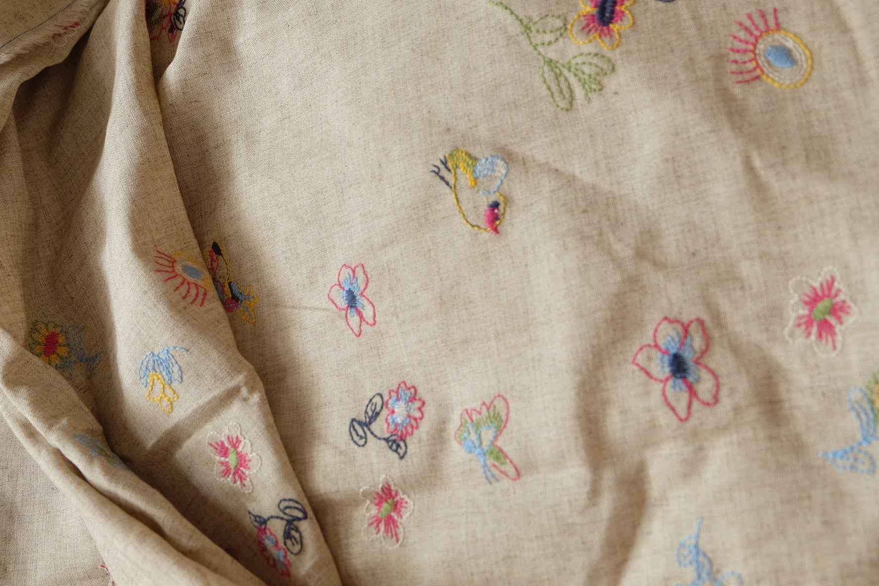 Embroidered Linen Rayon Blend Fabric, Whimsical Floral Motifs for Spring Summer Sets, 1.64 Yards