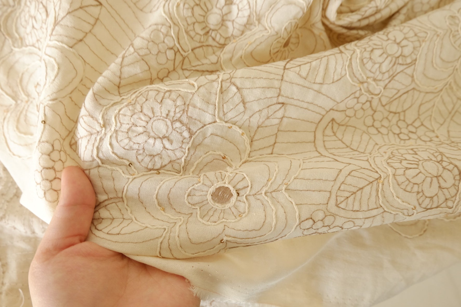 Ivory Dimensional Floral Embroidered Cotton Linen Fabric with Sequins – 1.53 yd Piece