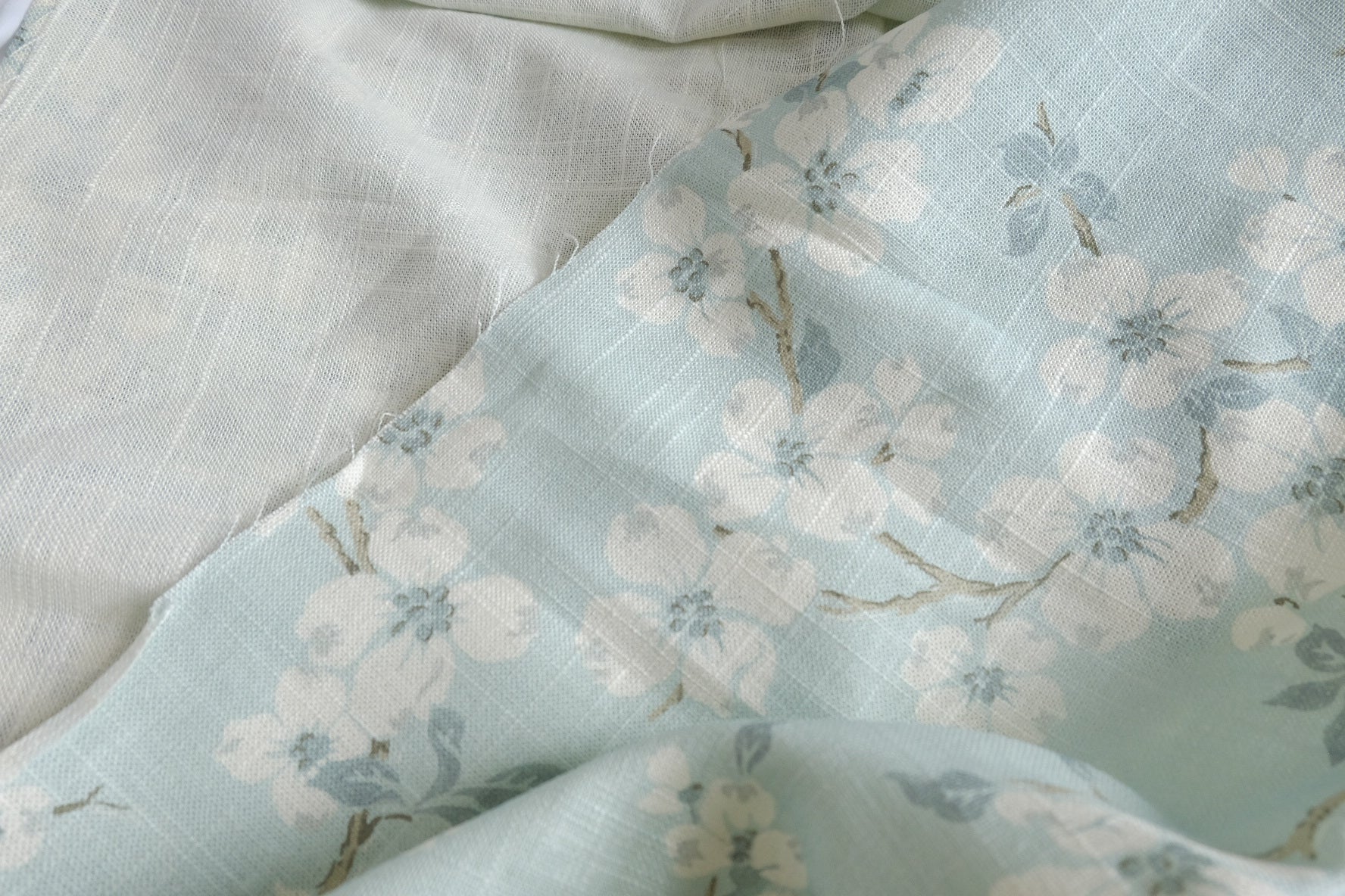 Pale Blue Floral Heavyweight Linen Fabric - 1.64 yd