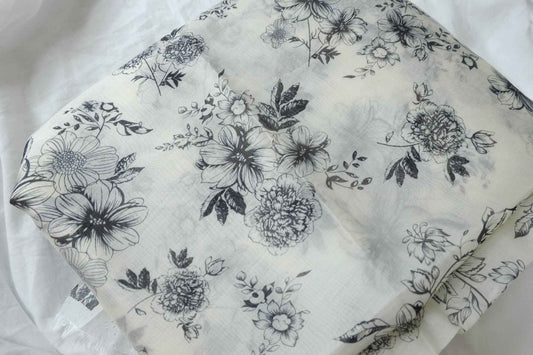 Sheer Pure Tencel Floral Fabric, Black and Ivory Sketch Print, 3.28 Yards