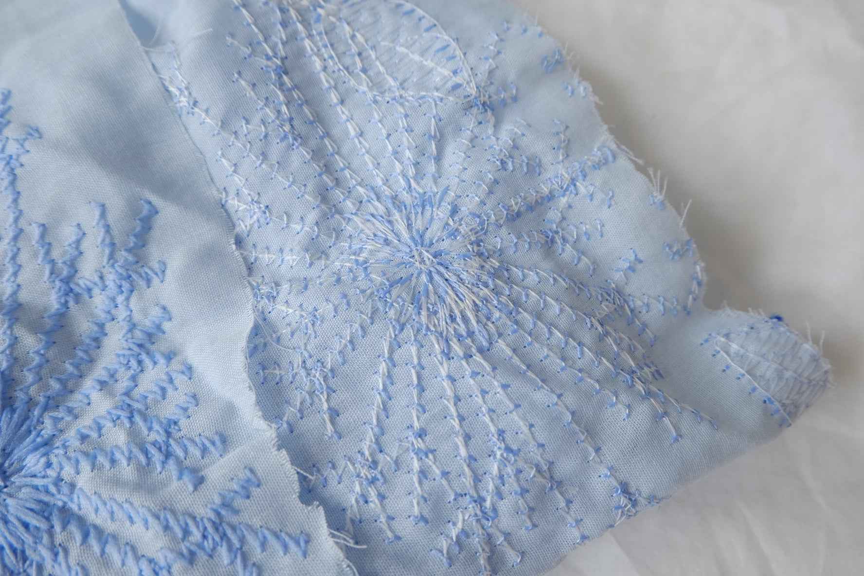 Allover Embroidered Cotton Fabric, Soft Blue on White, 1.64 Yards