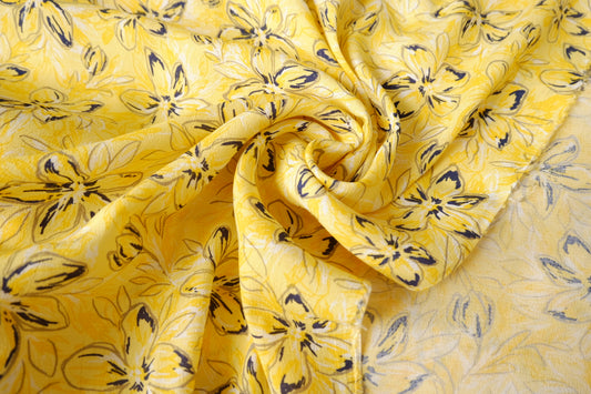 Yellow Floral Rayon-Linen Gauze Dress Fabric - 3.28 yd