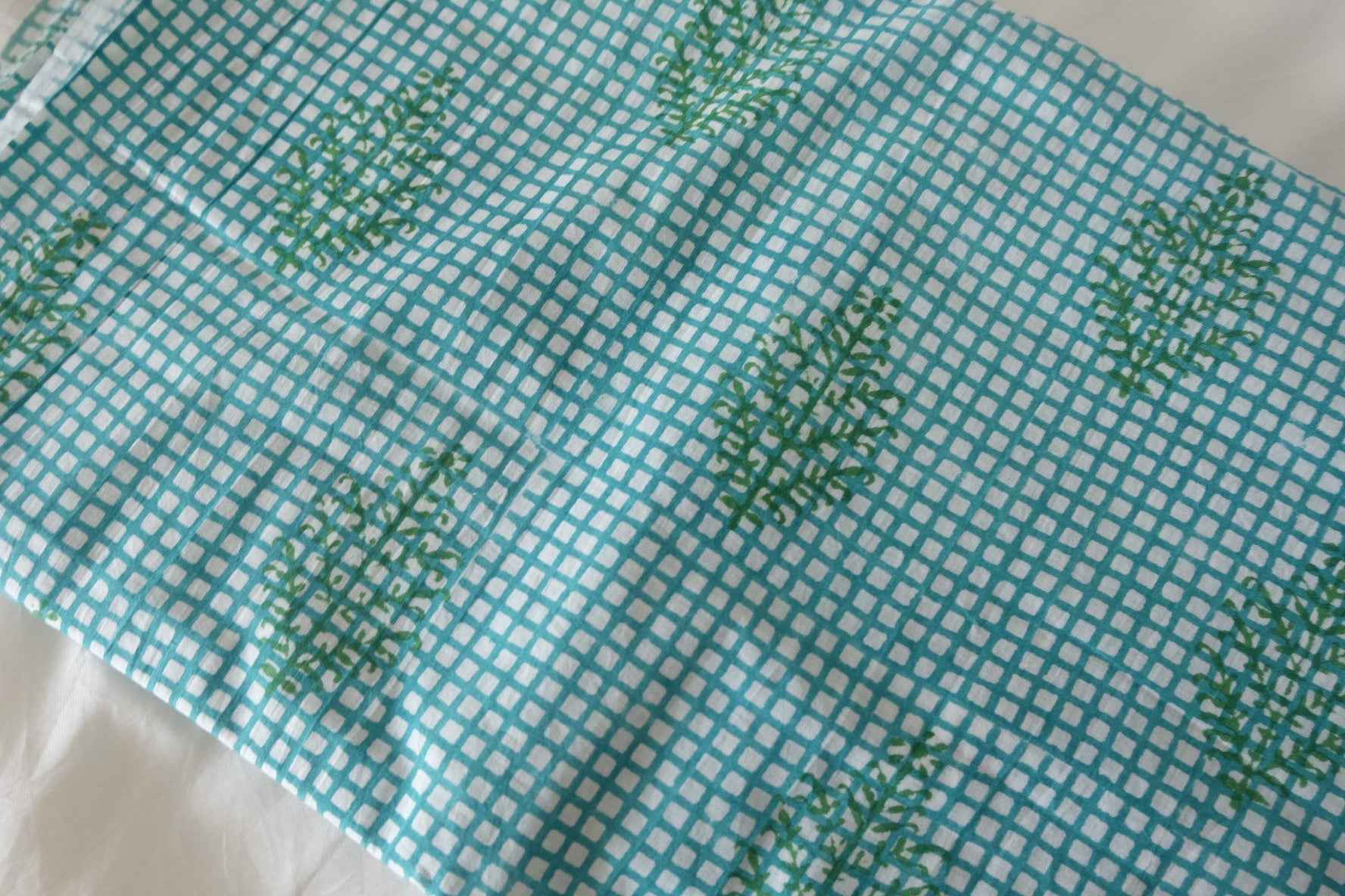 Indian Hand Block Printed Cotton Fabric – Aqua Lattice Floral Pattern – Sold by the Meter