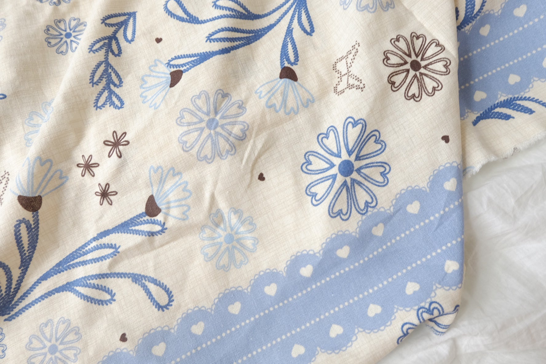 Blue Folk Floral Border Cotton Linen Fabric — 3.28 yd