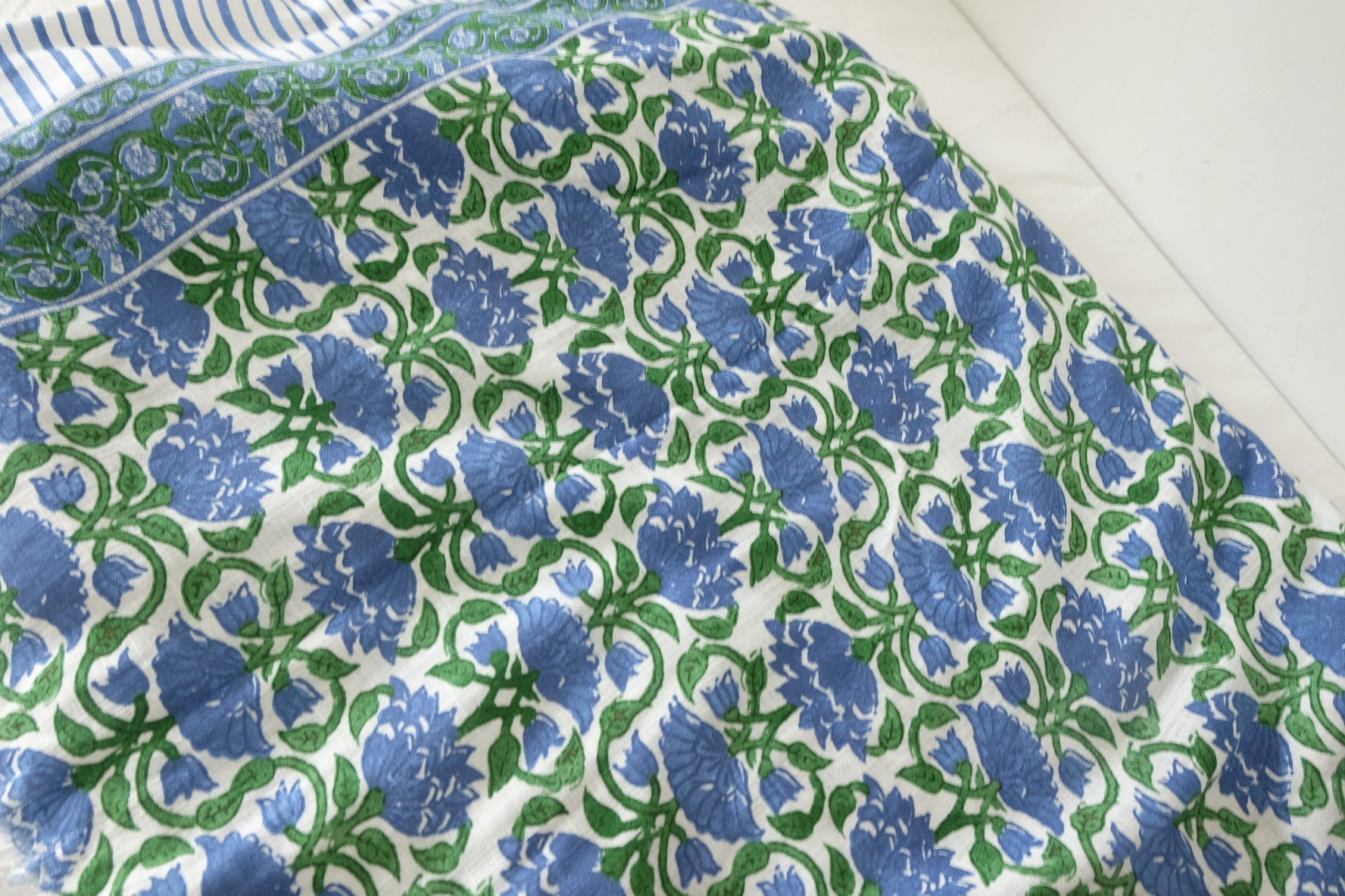 Blue Green Floral Border Print Cotton Linen Fabric - 2.2 yd