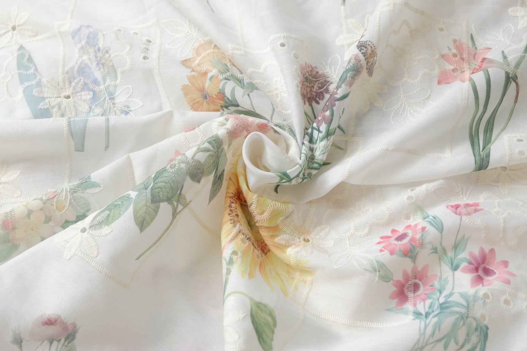Romantic Floral Patchwork Embroidered Eyelet Fabric, Lightweight Semi-Sheer Cotton Blend, 1.75 Yards