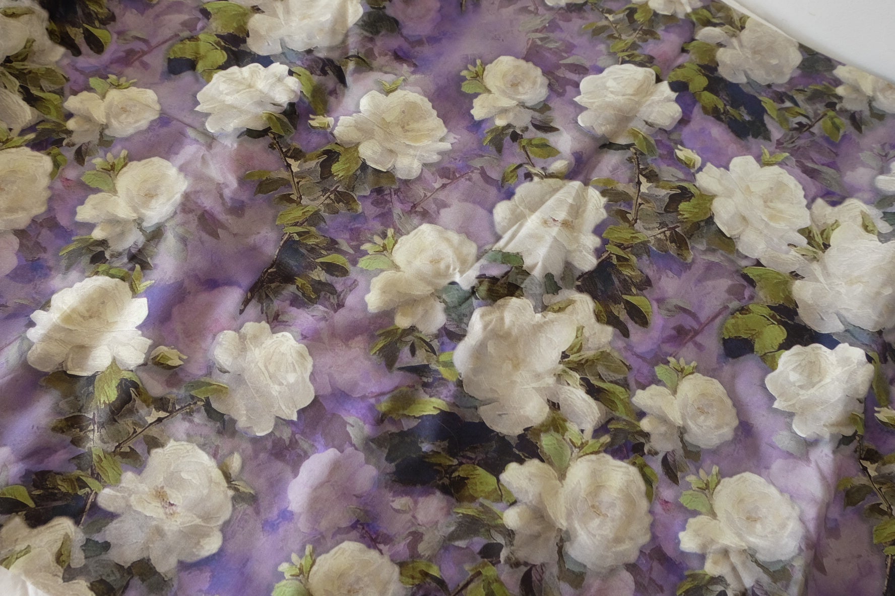 Painterly White Rose 60s Cotton Poplin Fabric - Per Meter