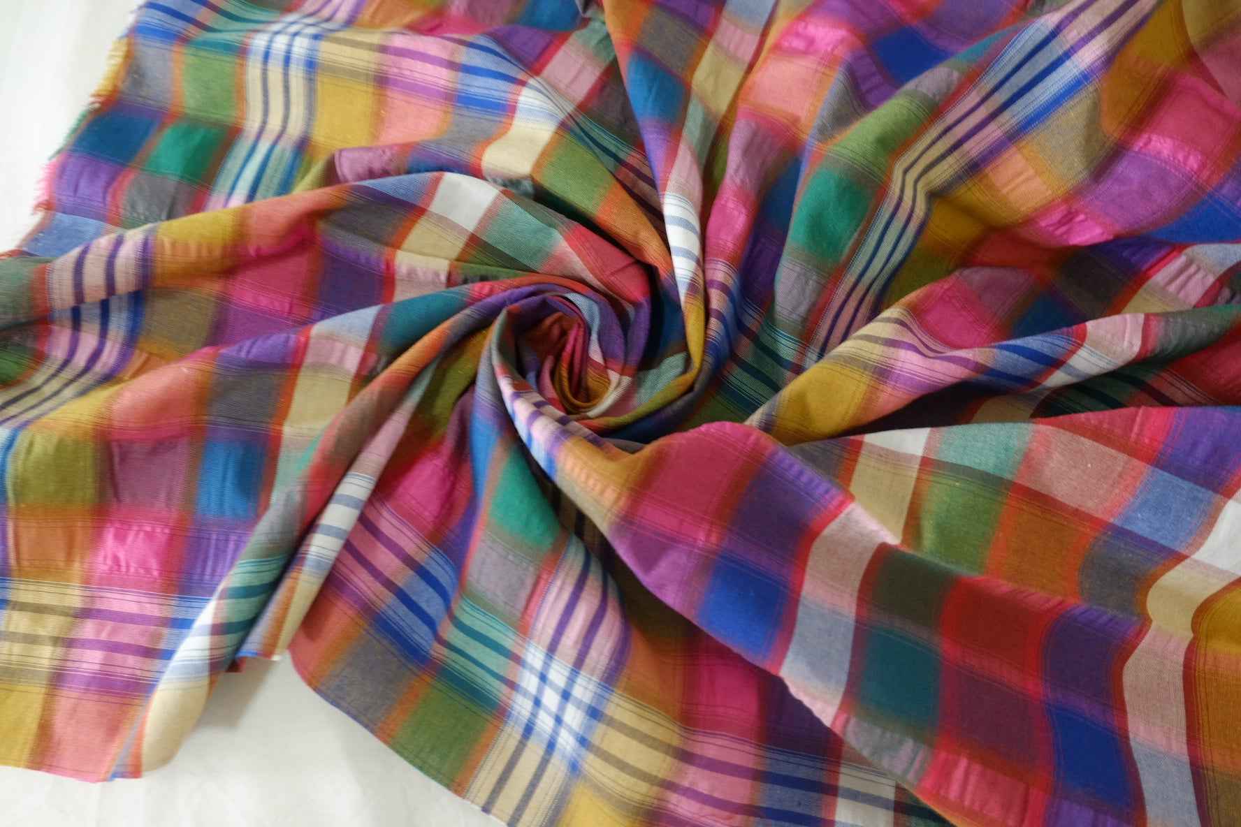 Colorful Plaid Seersucker Polyester Cotton Blend Fabric – 2.2 yd