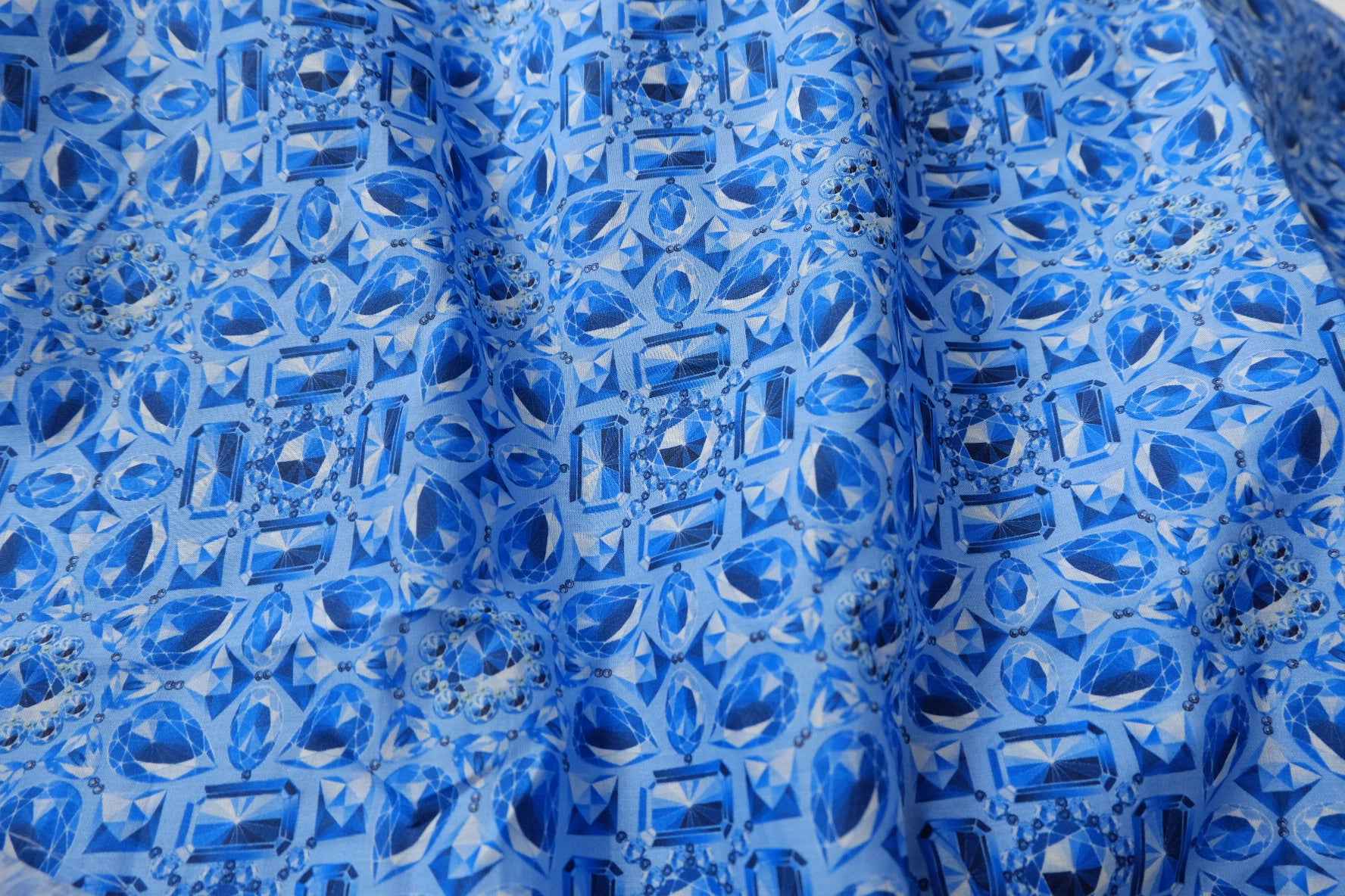 Blue Jewel Print Cotton Poplin Fabric, Smooth Lightweight Shirting, 3.17 Yards