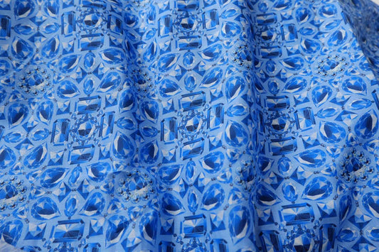 Blue Jewel Print Cotton Poplin Fabric, Smooth Lightweight Shirting, 3.17 Yards