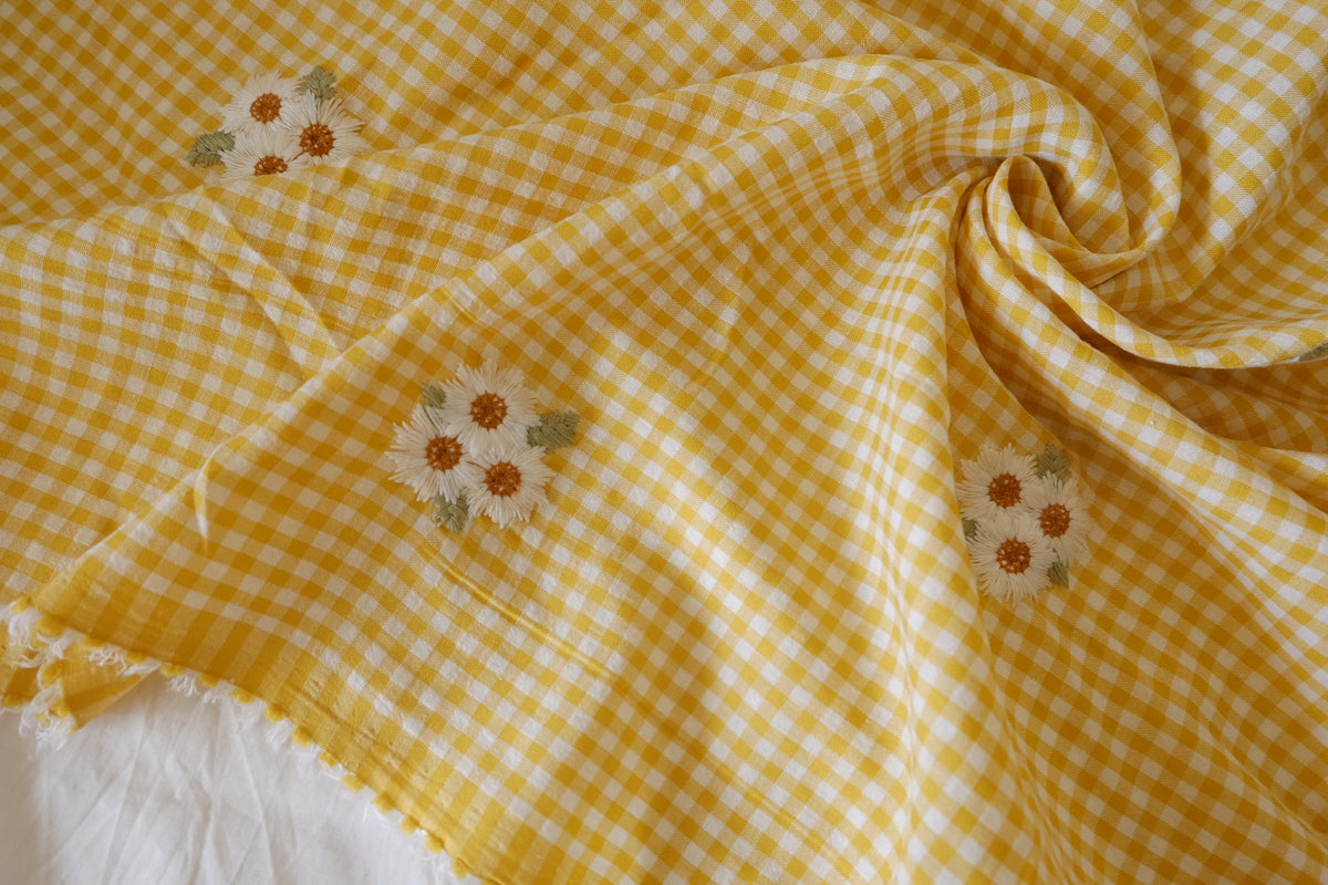 Sunny Daisy – Embroidered Yellow Gingham Cotton Blend | 2.2 yards