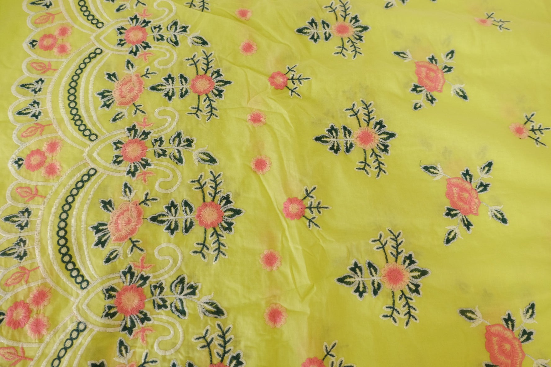 Lime Green Double Border Embroidered Cotton Fabric – 2.5 yd