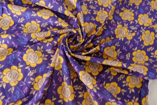 Purple & Mustard Rose Cotton Lawn Fabric – Two-Piece Bundle, 1.5 yd Total