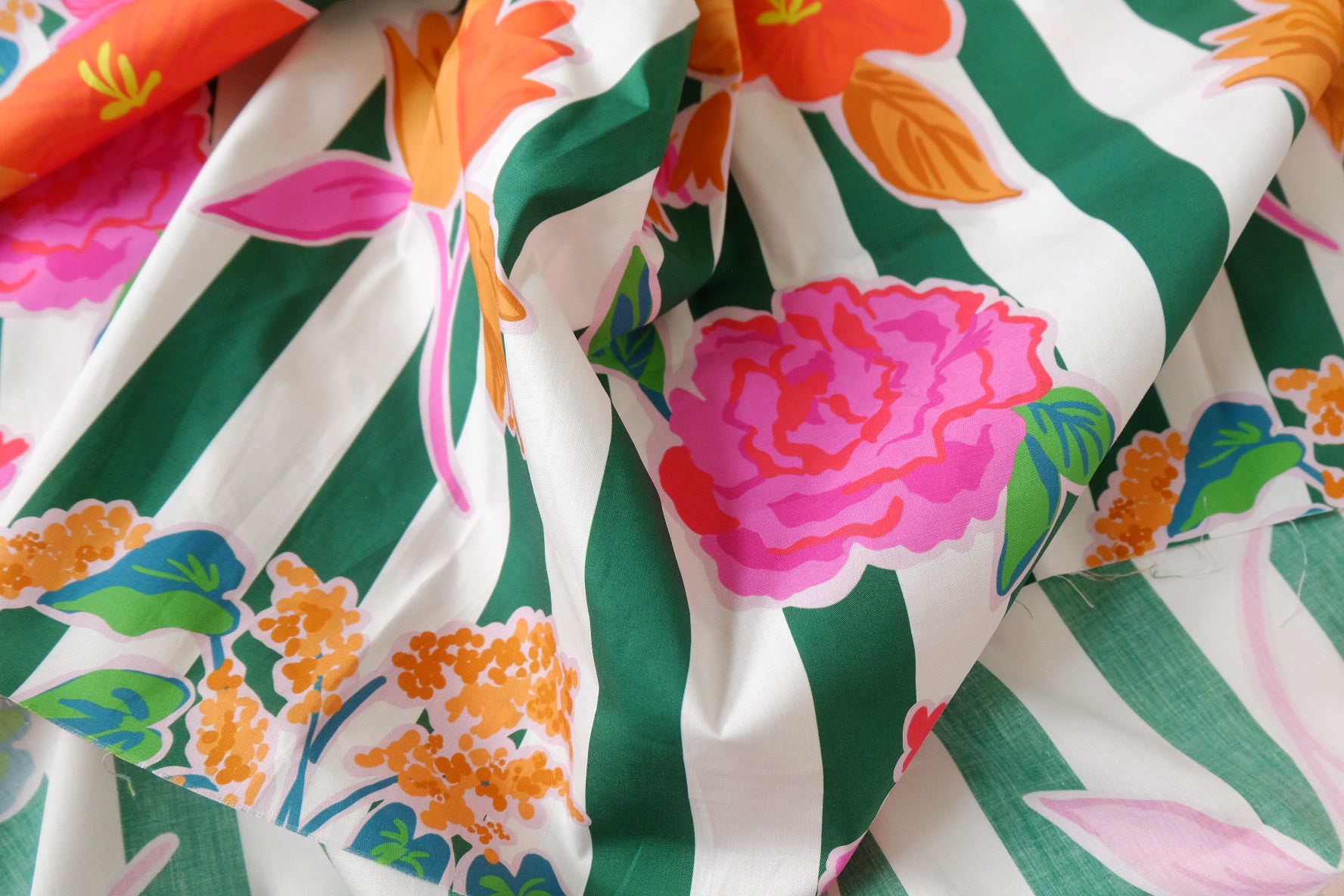 Tropical Floral Stripe Tana Cotton Poplin – Structured Statement Fabric (2.19 yards)