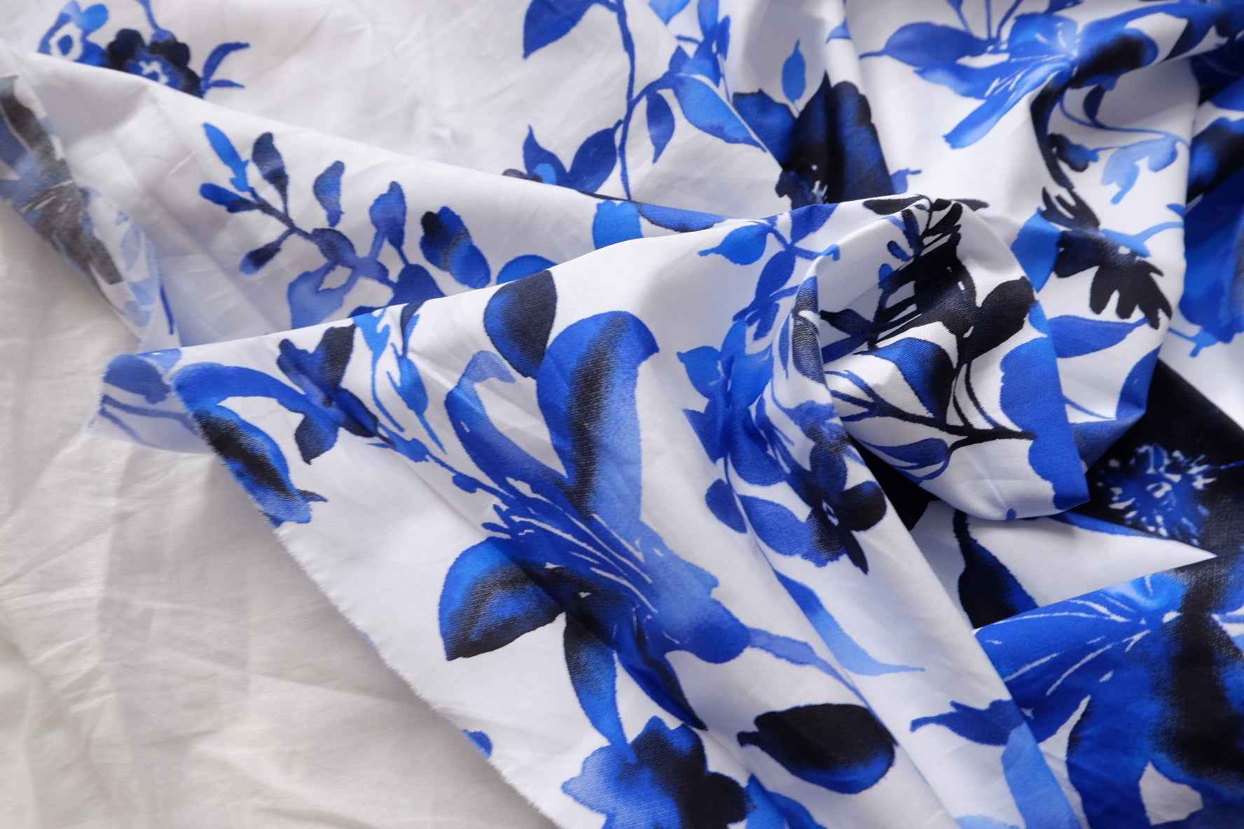 Ink Blue Floral Cotton Poplin Fabric, Border Placement Print, 2.19 Yards