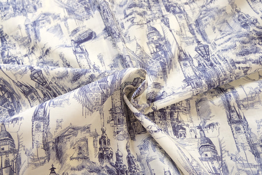 Architectural Sketch Cotton, Blue & Ivory, 3.3 Yards
