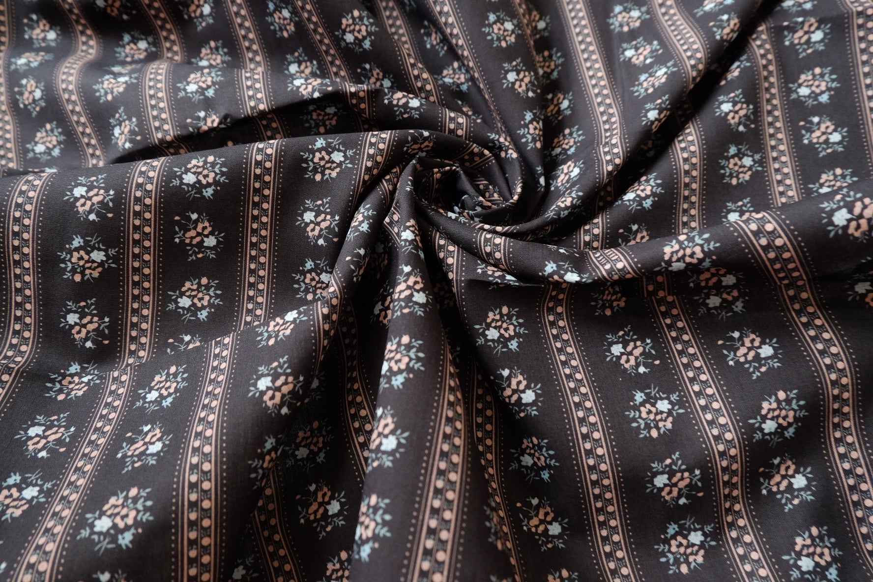 Black Stripe Floral Cotton Poplin Fabric - 3.28 yd