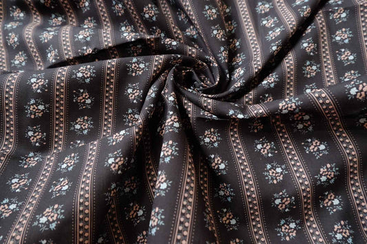 Black Stripe Floral Cotton Poplin Fabric - 3.28 yd
