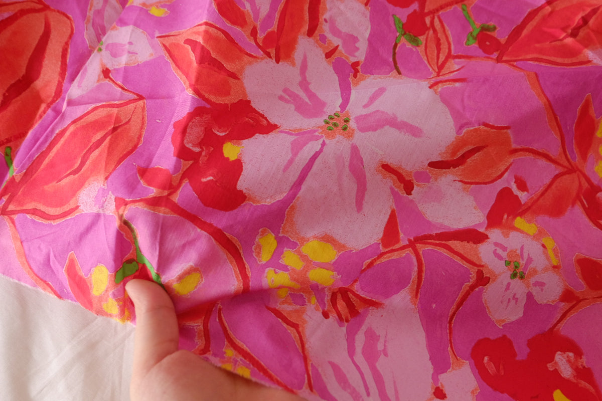 Hot Pink Floral High-Density Cotton Poplin Remnant – 1.1 yd
