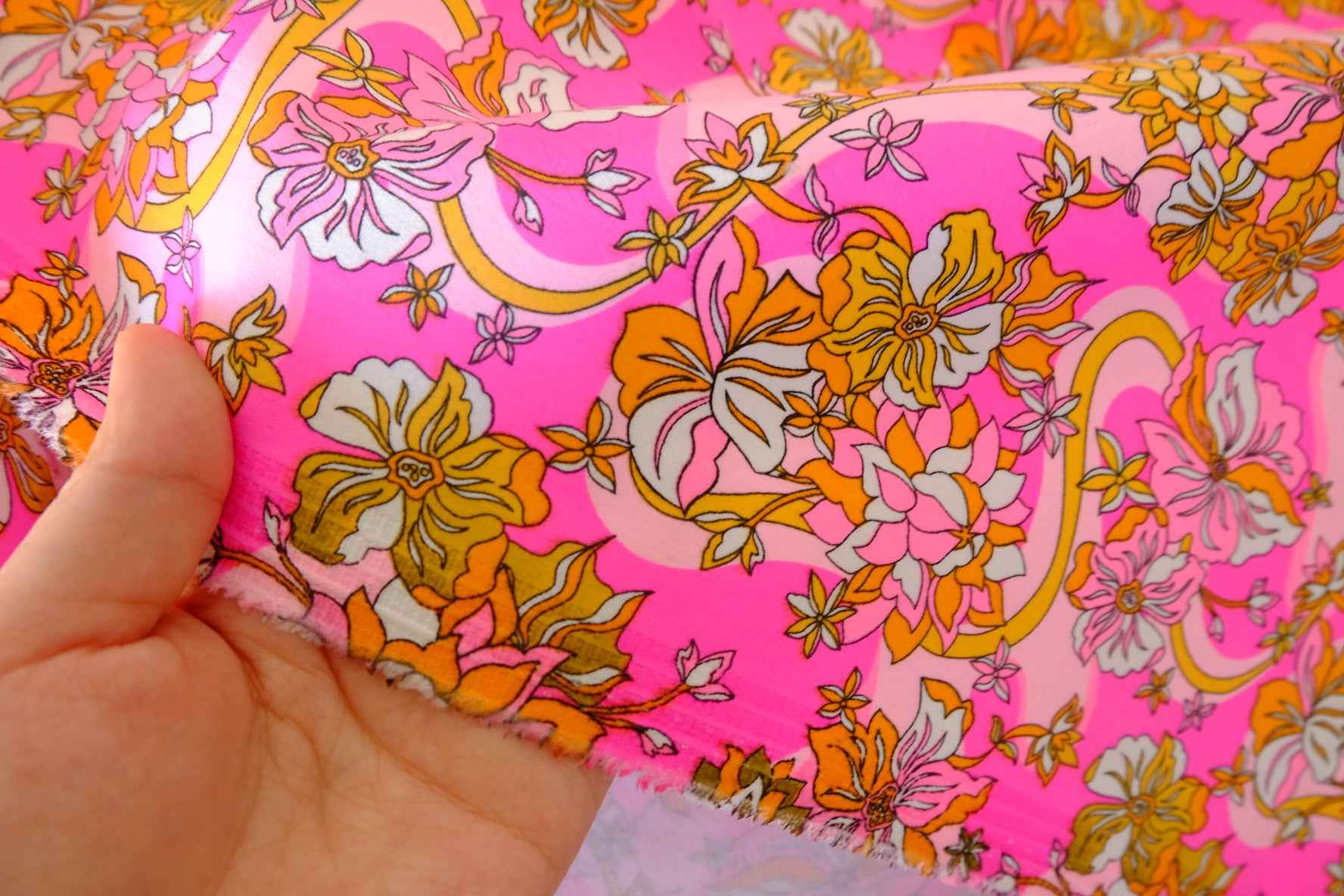 Bright Pink Vintage Floral Cotton Twill Fabric – 2.2 yd