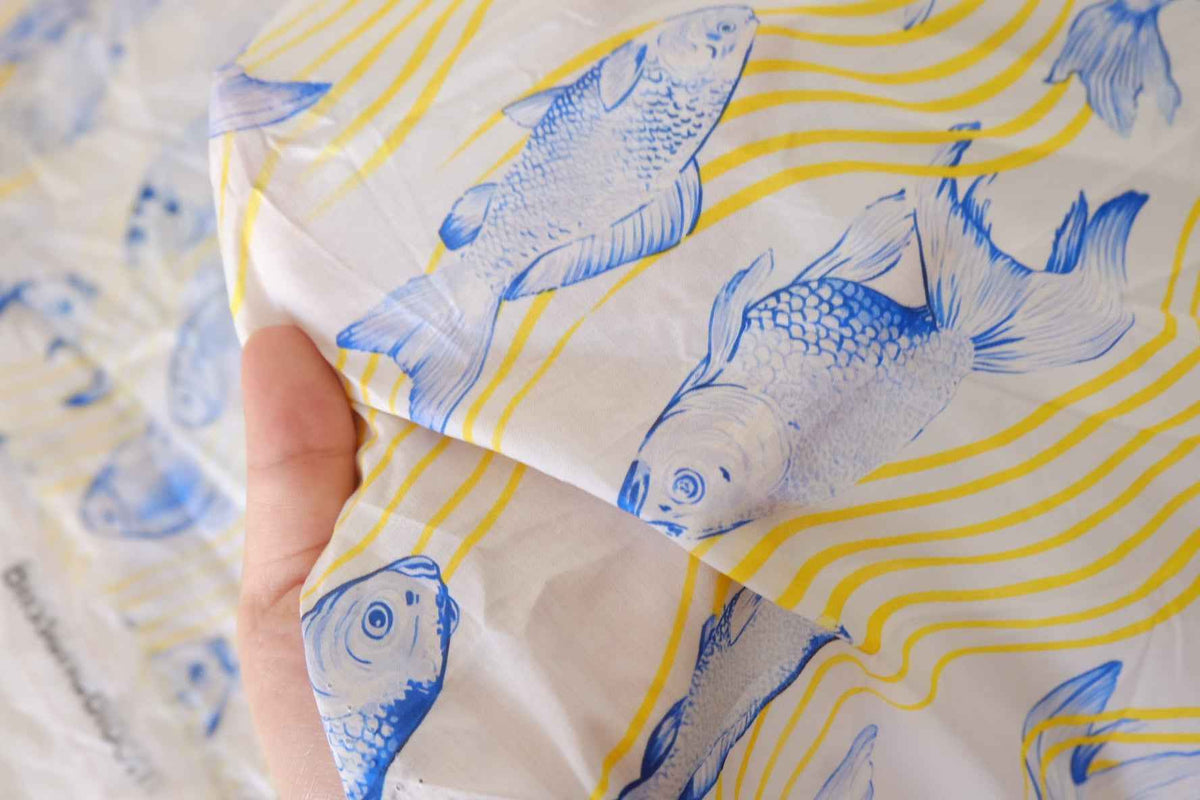 Blue Koi Fish & Yellow Waves Cotton Lawn Fabric – 2.5 yd