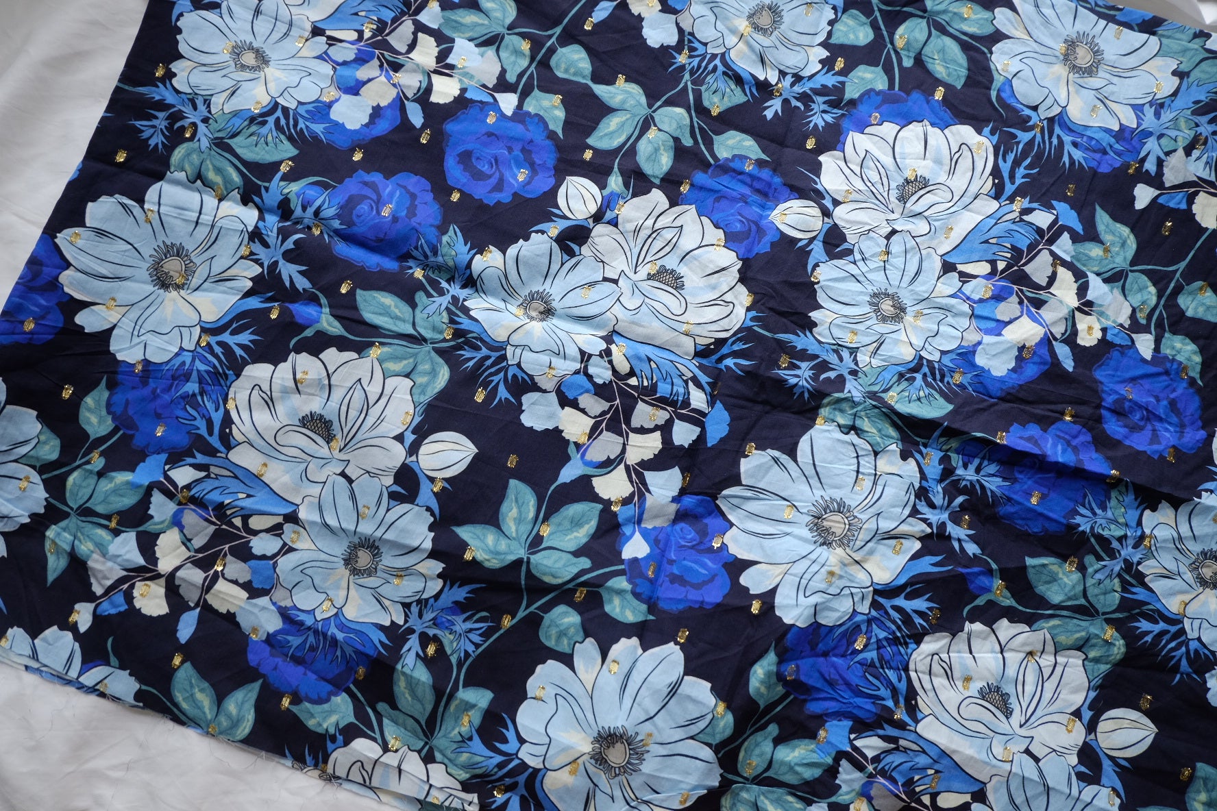 Blue Floral Gold-Dobby Cotton Lawn – 1.2 yd