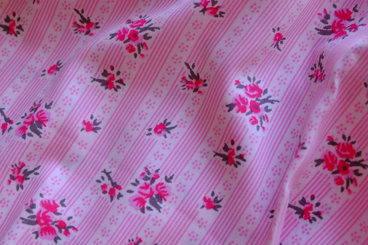 Vintage Pink Rose Stripe Soft Cotton Fabric – 3.28 yd