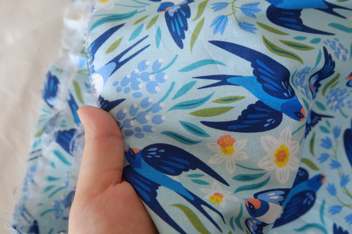 Blue Swallows & Wildflowers – Printed Cotton Fabric – 1.09 yd
