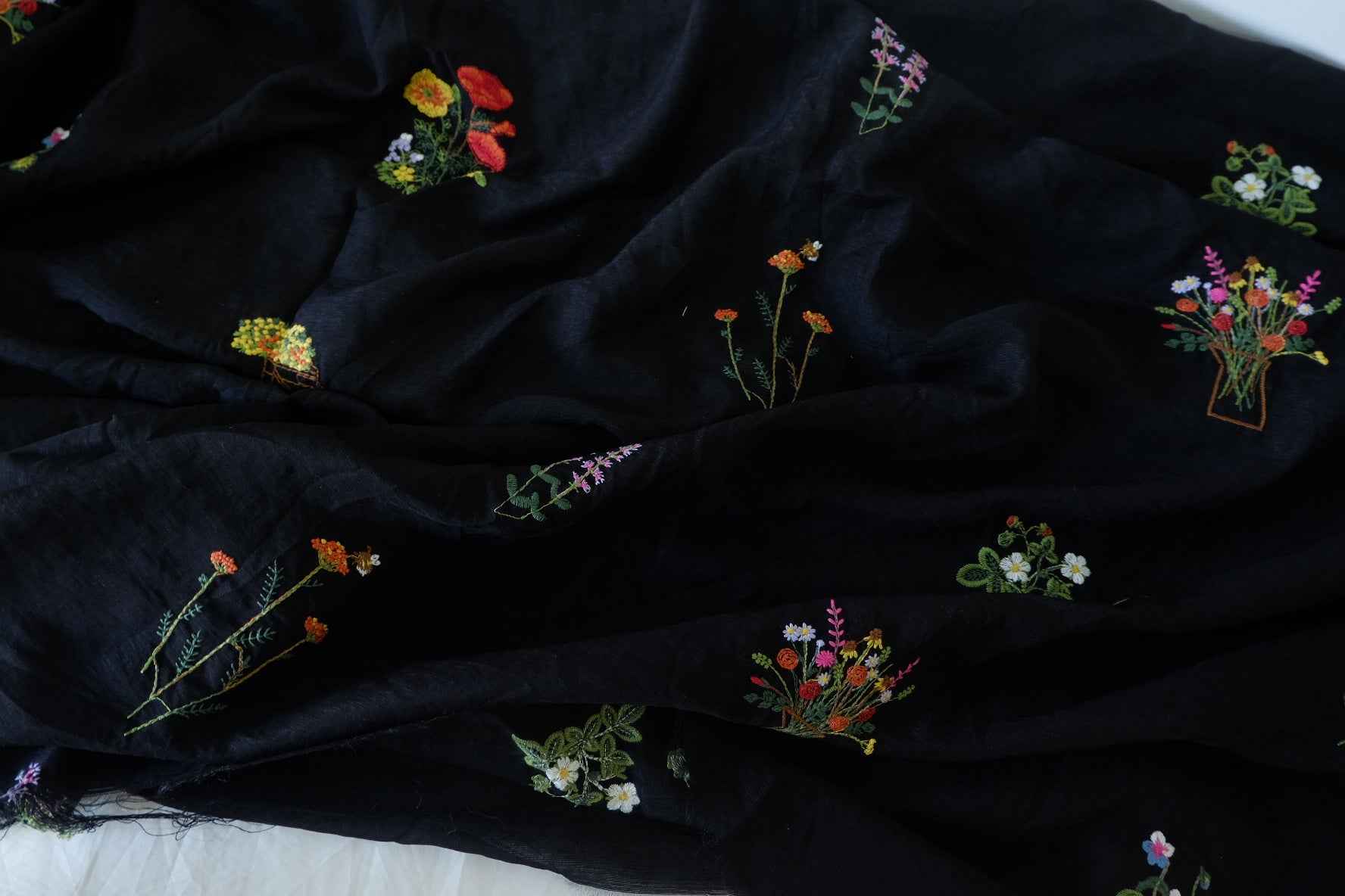 Black Embroidered Floral Tencel Cotton Fabric – 2.2 yd