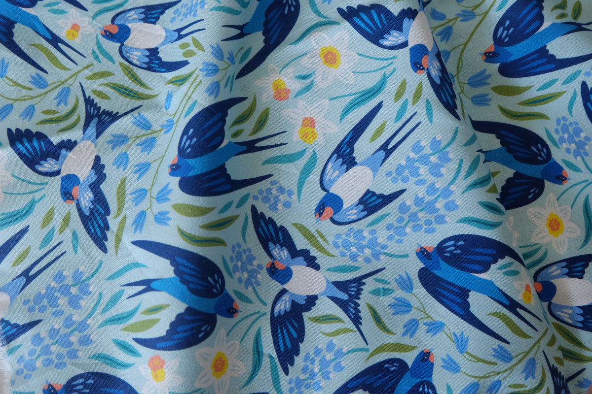 Blue Swallows & Wildflowers – Printed Cotton Fabric – 1.09 yd