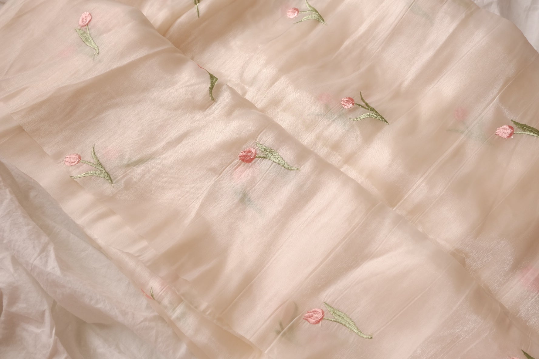 Champagne Tulip Embroidered Sheer Fabric, Soft & Shimmery, 3.3 Yards