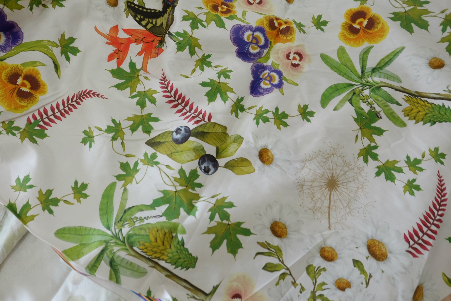 Vintage Botanical Butterfly Cotton Sateen Fabric – 60s Cotton Print – 2.2 yd