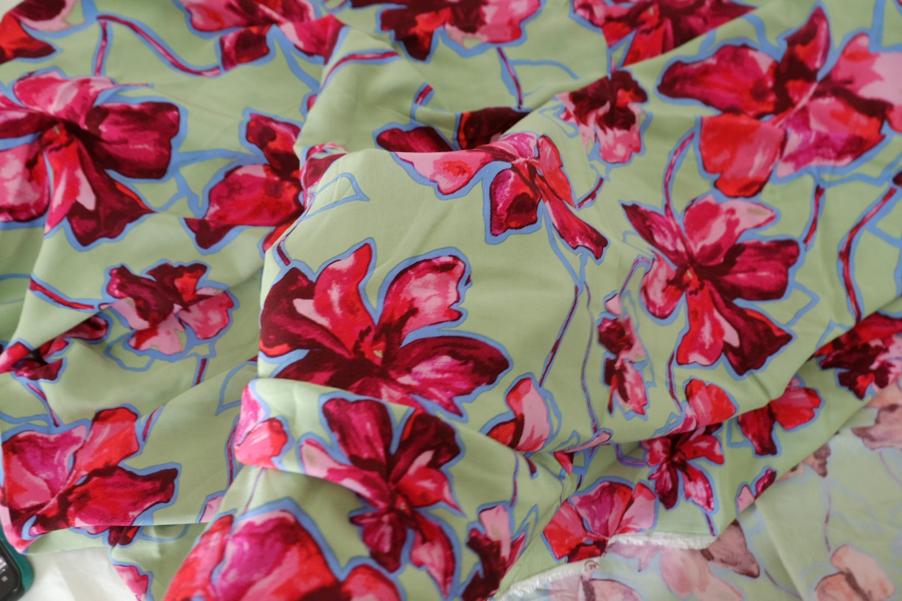 Designer Deadstock Rayon Fabric – Bold Floral Print on Sage Green – 2.7 yd