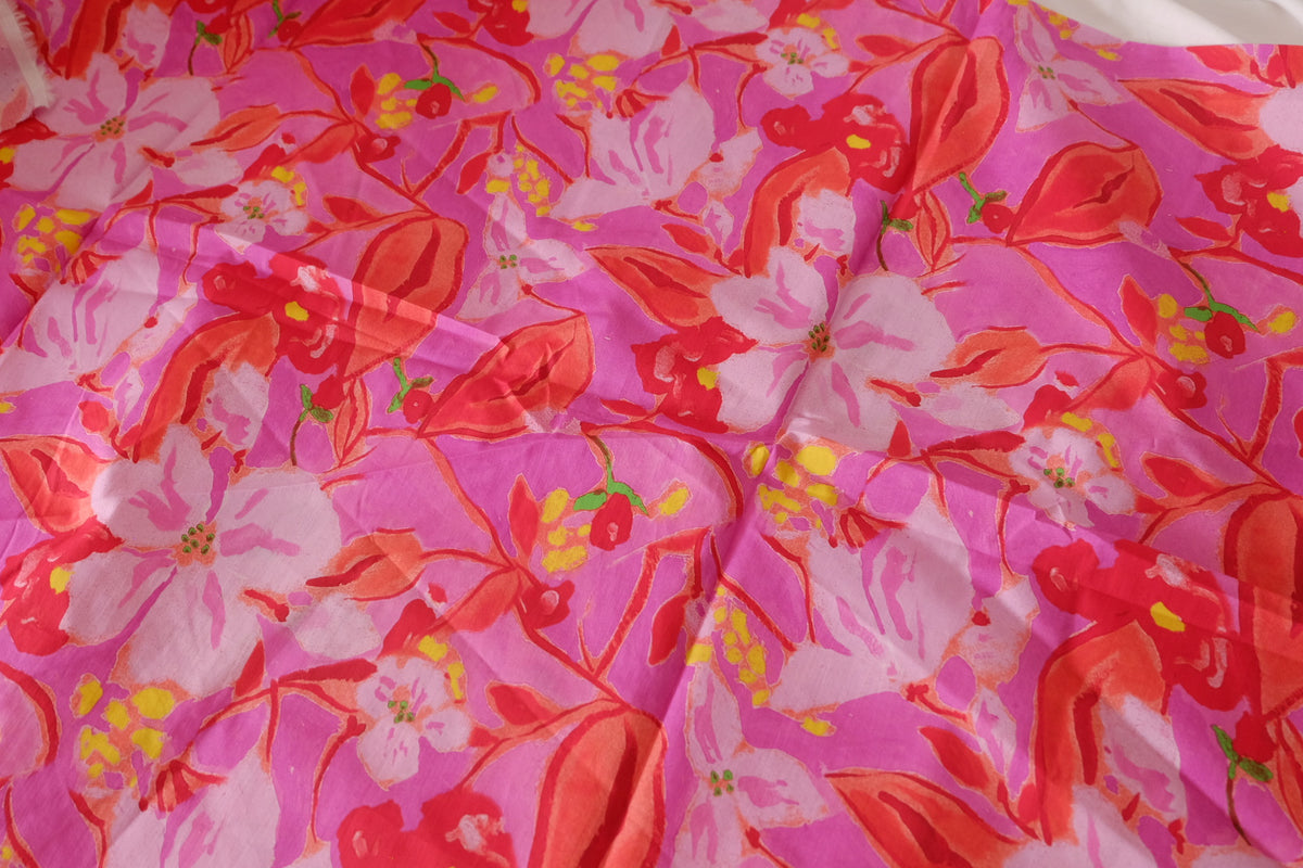 Hot Pink Floral High-Density Cotton Poplin Remnant – 1.1 yd