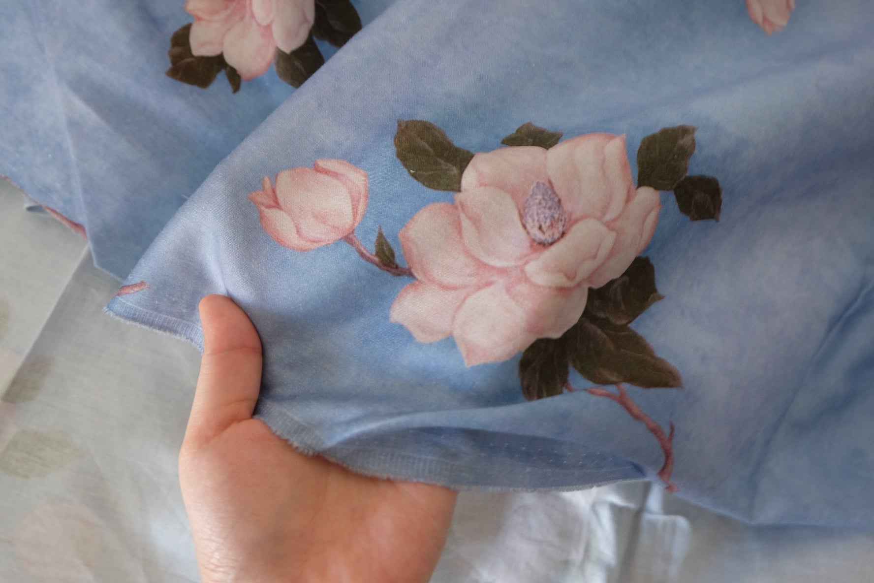 Blue Magnolia Floral Cotton Poplin Fabric – 2.2 yd