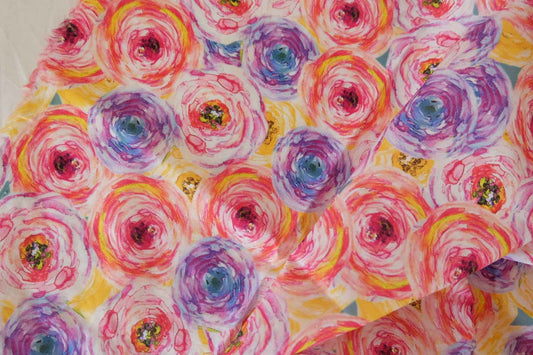 Watercolor Floral Cotton Lawn Fabric – Bright Painterly Garden Print (3.8 yd Cut)