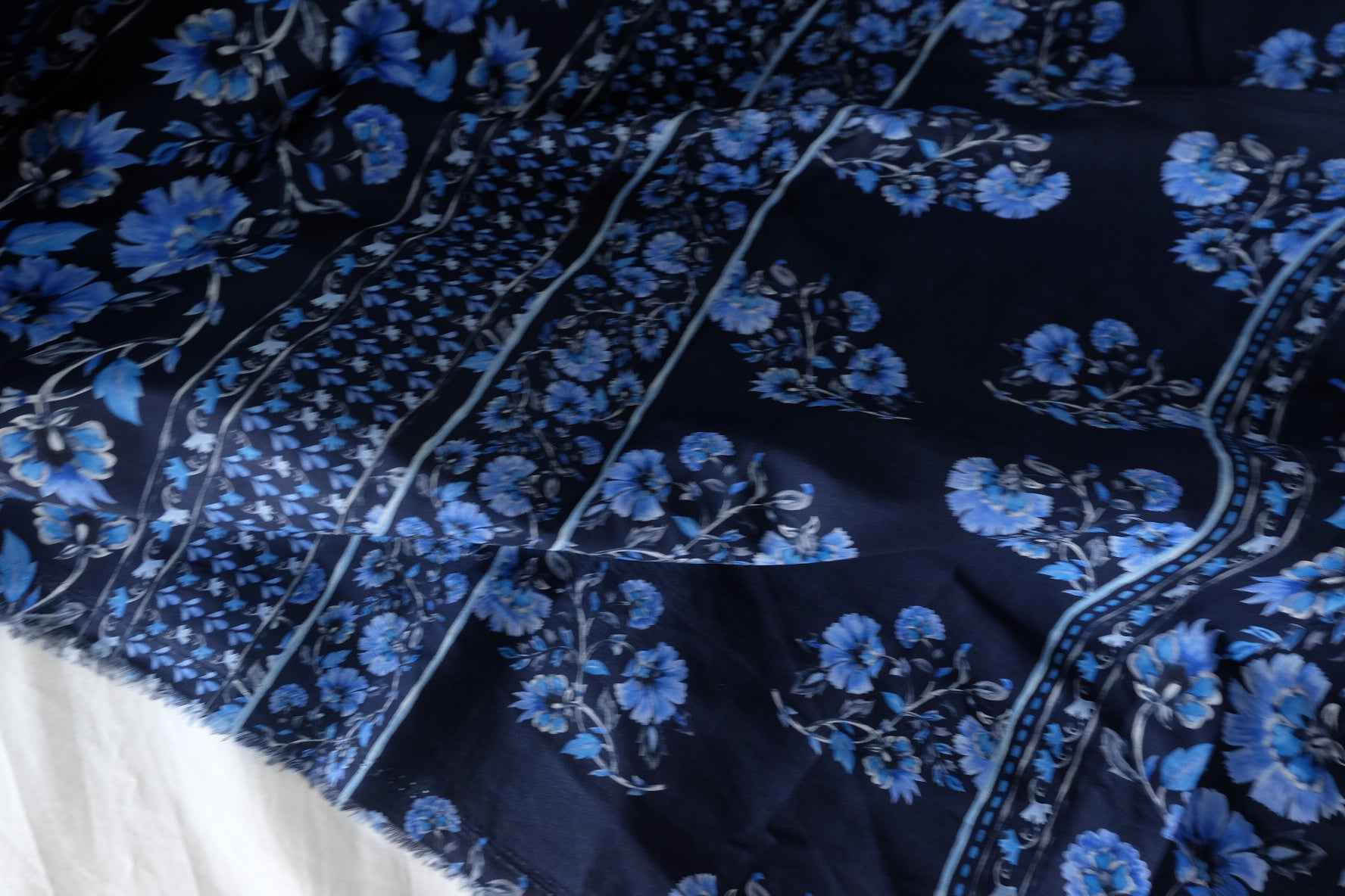 Navy Blue Floral Border Cotton Fabric – 3.3 yd