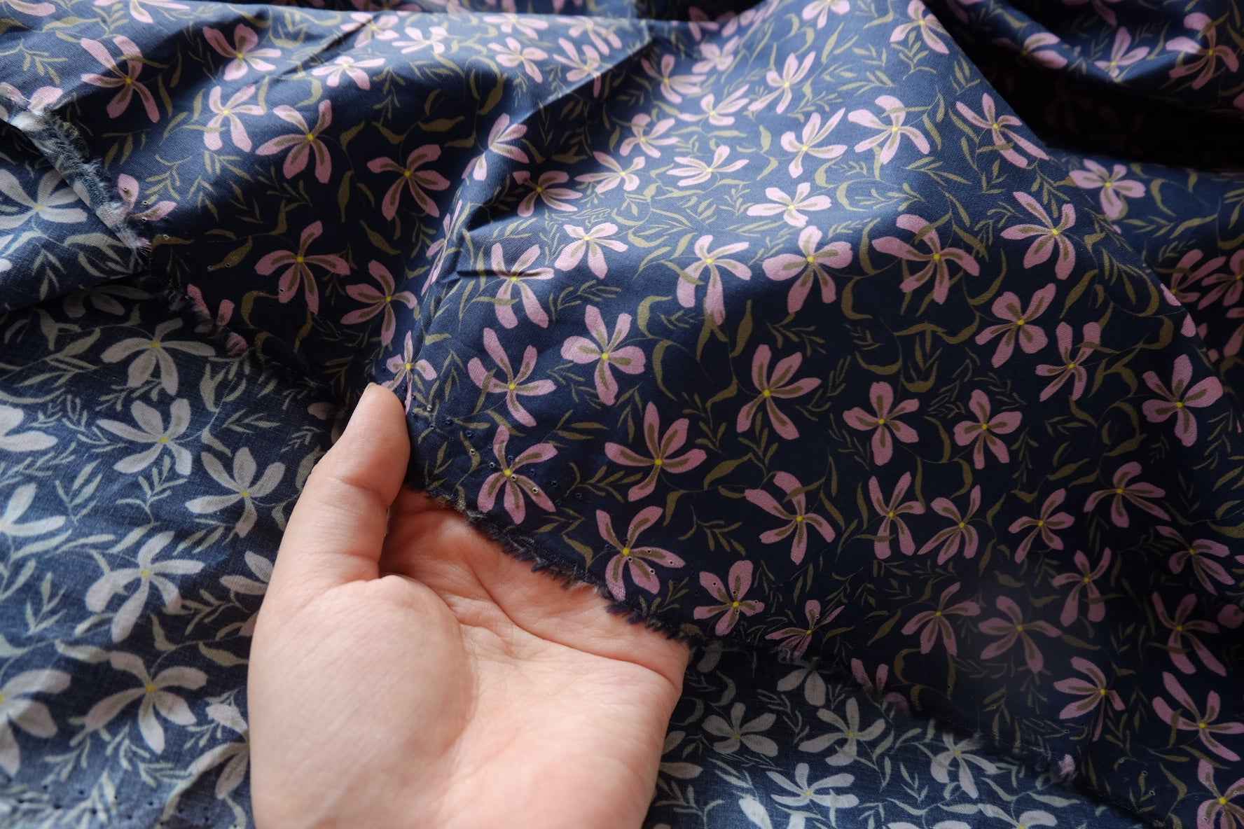 Navy Violet Floral Cotton Lawn Fabric - 3.17 yd