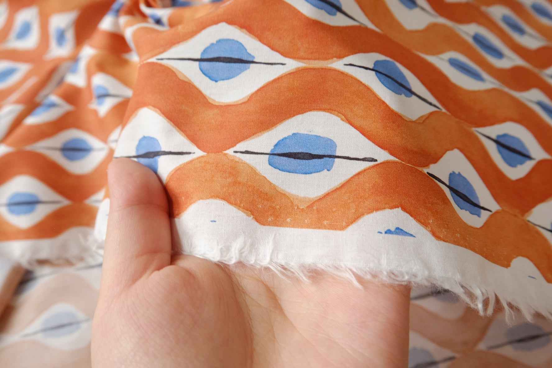 Orange and Blue Geometric Cotton Poplin Fabric, Crisp Dress & Shirting Weight, 3.28 Yards